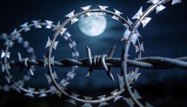 Concertina razor wire coils glinting under full moon with rusted blades and barbed knot