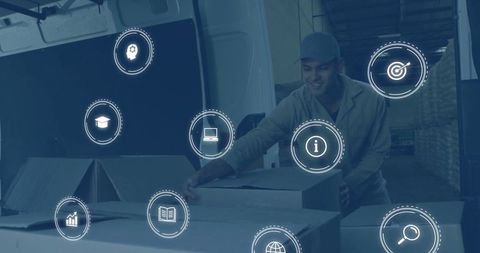 Warehouse Worker Managing Logistic Processes with Digital Interface