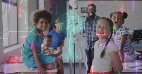 Teacher guiding anatomy and STEM lesson with kids using skeleton and augmented circuit overlay