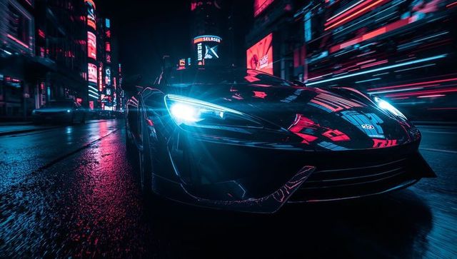 Neon-lit black sports coupe racing through wet city street at night, cinematic reflections