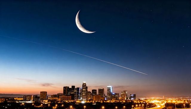 Crescent moon hovering above downtown skyline at twilight with contrail and highway lights