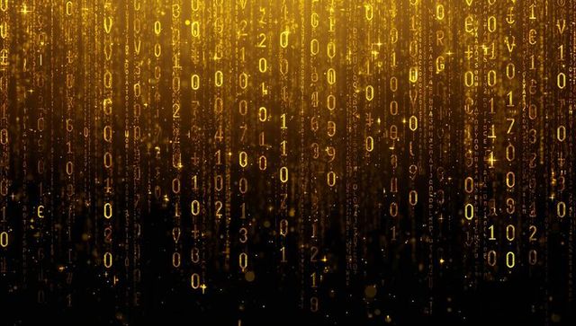 Cascading Golden Binary Streams with Futuristic Neon Digits and Glowing Data Rain Effect