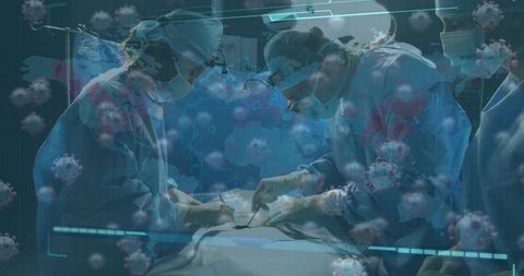 Surgical team performing operation amidst digital virus display