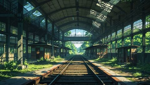 Abandoned anime railway station with overgrown beautification
