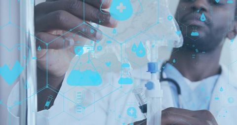 Physician adjusting intravenous infusion with holographic medical interface and data icons