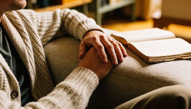 Cozy relaxation man in beige cardigan clasping hands on couch armrest beside open book