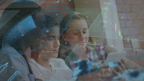 Students Engaged with Tablet Overlined by Data Visualization Elements