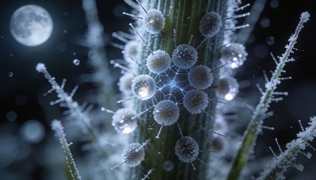 Moonlit frosted dew globes clinging to grass stem with luminous spiderweb lattice