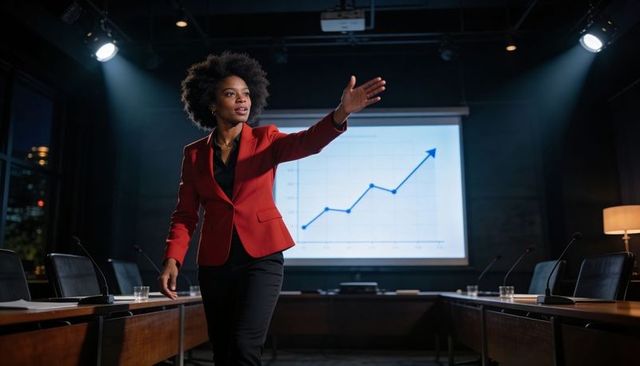 Black businesswoman leading boardroom presentation showing upward growth chart at night