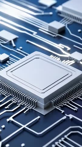 Vertical video zooming on silver microchip and metallic traces on blue circuit board