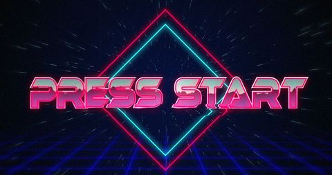 Glitchy retro press start text over neon background