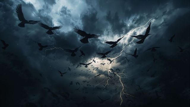 Flock of Black Birds and Lightning in Stormy Sky