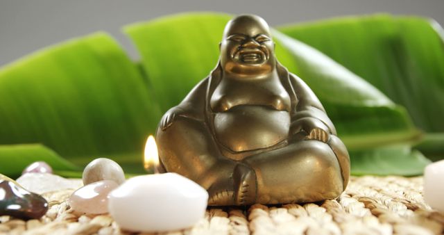 A golden laughing Buddha statue is surrounded by smooth stones, a lit candle, and fresh green leaves, symbolizing peace and meditation. The arrangement suggests a serene atmosphere for relaxation and mindfulness.