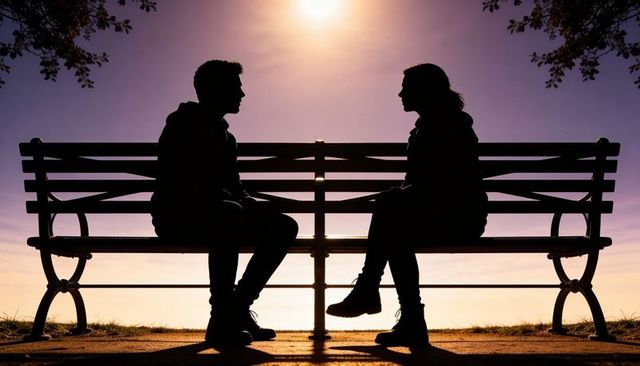 Silhouette couple conversing on park bench at sunset over water promenade backlit moment