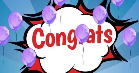 Congrats Text with Purple Balloons on Blue Background