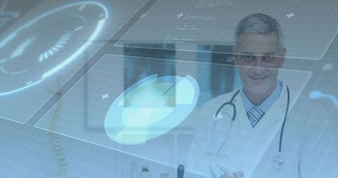 Doctor reviewing medical technology through digital panels