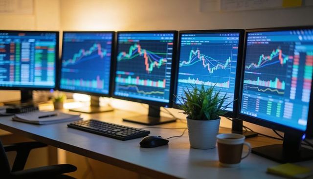 Multi-monitor trading workstation displaying candlestick charts and real-time market analytics