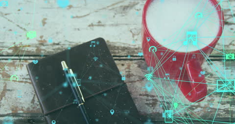 Digital Connectivity with Diary and Mug on Wooden Table