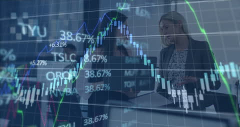 Analyzing Stock Market Trends with Business Professionals in Office Environment