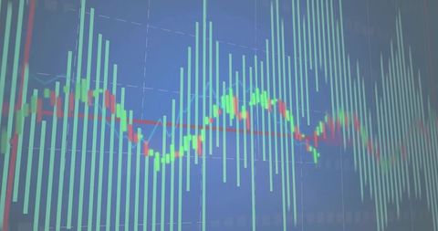 Cyan Volume Bars with Red Moving Average and Candlestick Overlay for Market Analysis