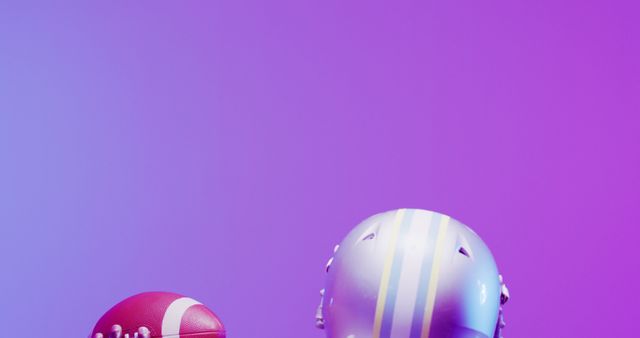 Image of african american american football player with ball over purple neon background. American football, sports and competition concept.