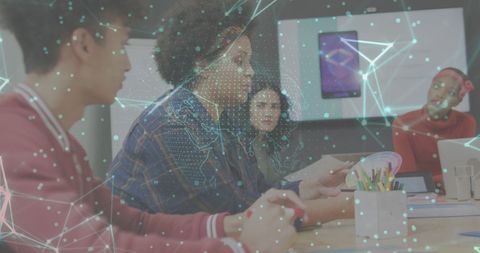 Diverse Team Meeting with Digital Network Overlay