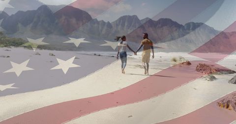 Couple Holding Hands on Beach with Overlaid American Flag