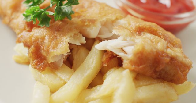 Close-up of crispy battered fish and golden fries with garnish - Download Free Stock Images Pikwizard.com