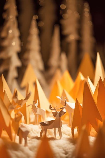 Handcrafted origami deer stand among triangular trees in a winter wonderland illuminated by soft light, evoking a sense of festive charm and creative artistry, perfect for Christmas cards, holiday decorations, DIY projects, and festive advertising.