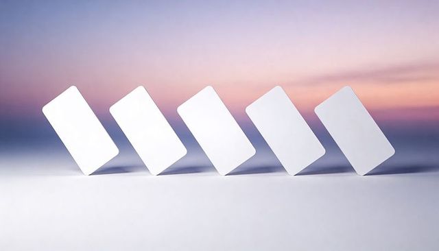 Blank White Cards Leaning in Row Casting Shadows on Pastel Gradient Background