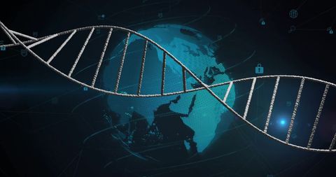 Dna helix over globe signifying global data and biotech integration