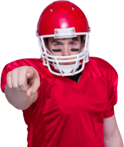 Confident american football player pointing, red jersey, transparent