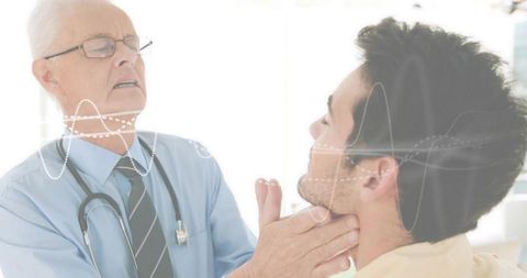 Doctor examining patient neck in clinic with stethoscope and waveform overlay