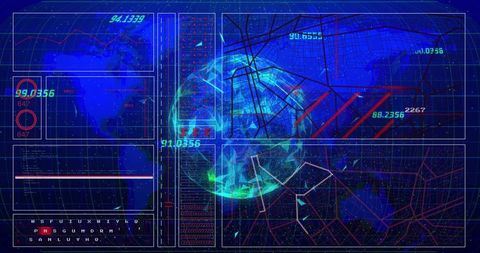 Low-Poly Globe Rotating on Cyber HUD Dashboard with Geospatial Network Visualization