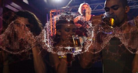 Friends drinking and watching live vocalist at nightclub bar with waveform overlay