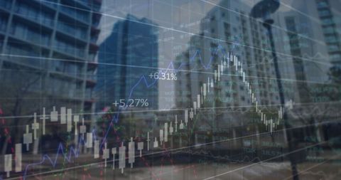 Financial Data Analysis Overlapping Urban Skyline Depiction