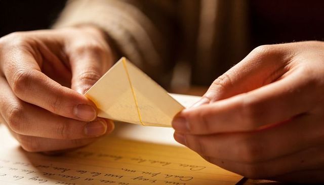 Hands opening small folded paper note over handwritten letter on wooden table, closeup