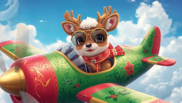 Soaring festive reindeer pilot steering holly-decorated prop plane through blue sky