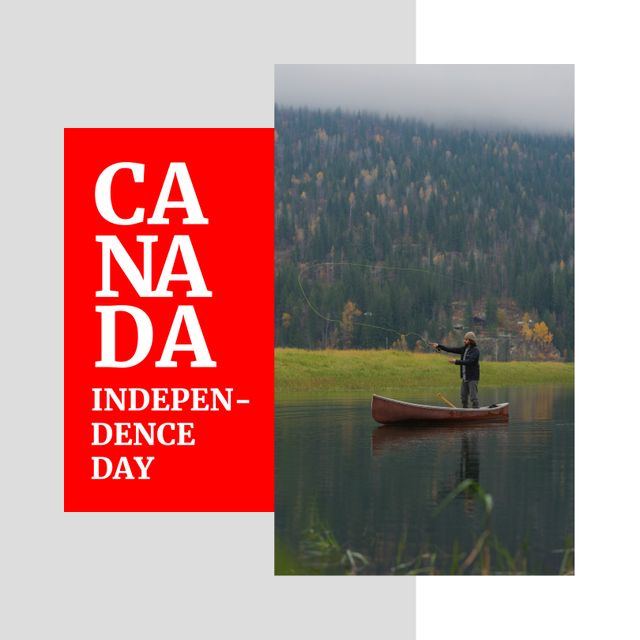 Celebrating Canada's Independence Day with a tranquil fishing scene. Featuring a man in a boat fishing in a peaceful lake surrounded by a lush forest, this image is perfect for articles, social media posts, and web banners related to national holidays, Canadian culture, and nature relaxation. Ideal for emphasizing themes of patriotism, nature, and outdoor activities.