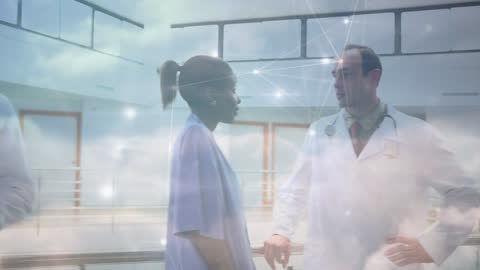 Diverse Doctors Discussing in Futuristic Digital Interface