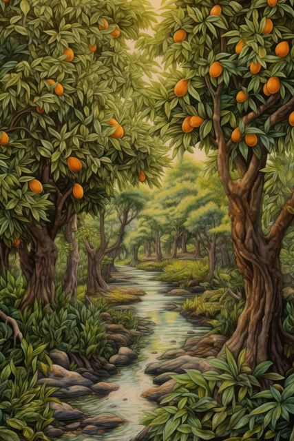 Mango trees with fruit in nature, created using generative ai technology. Tropical fruit, fruit tree and nature concept digitally generated image.