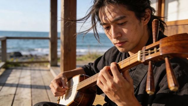 Asian musician playing shamisen on coastal wooden deck in sunlight and sea breeze