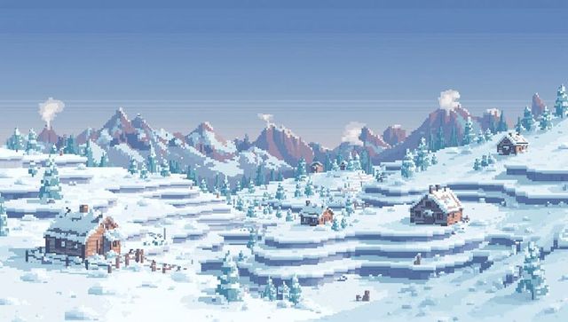 Pixel-art winter alpine valley with wooden cabins, terraced snowfields and pine peaks