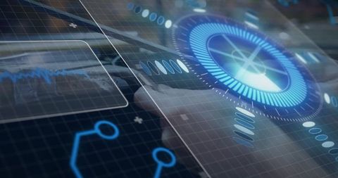 Female Hand Tapping Futuristic Touchscreen with Holographic HUD and Data Visualization