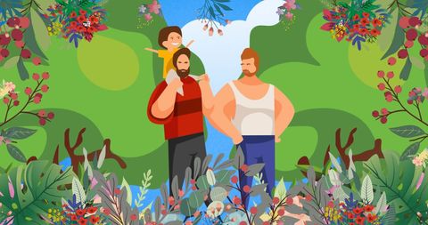 LGBTQ+ Family Celebrating Outdoors Among Colorful Flowers
