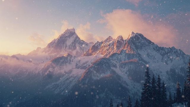 Snowy Alpine Mountains at Dawn with Soft Pink Glow