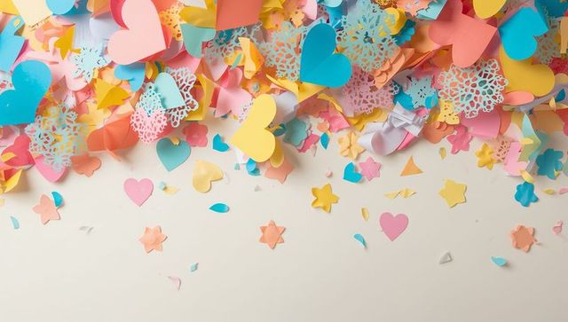 Overflowing pastel paper hearts and star confetti scattering over cream background