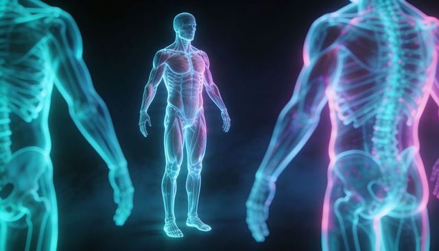 Futuristic holographic human anatomy display highlighting musculature spine and skeleton