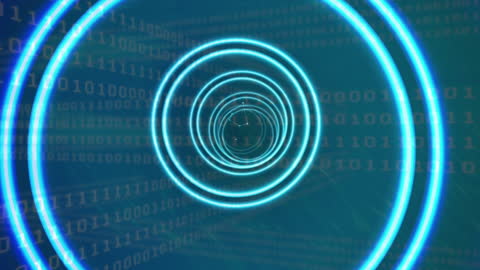 Digital Tunnel with Binary Code and Neon Circles