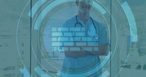 Doctor in Scrubs with Futuristic Digital Interface Overlay